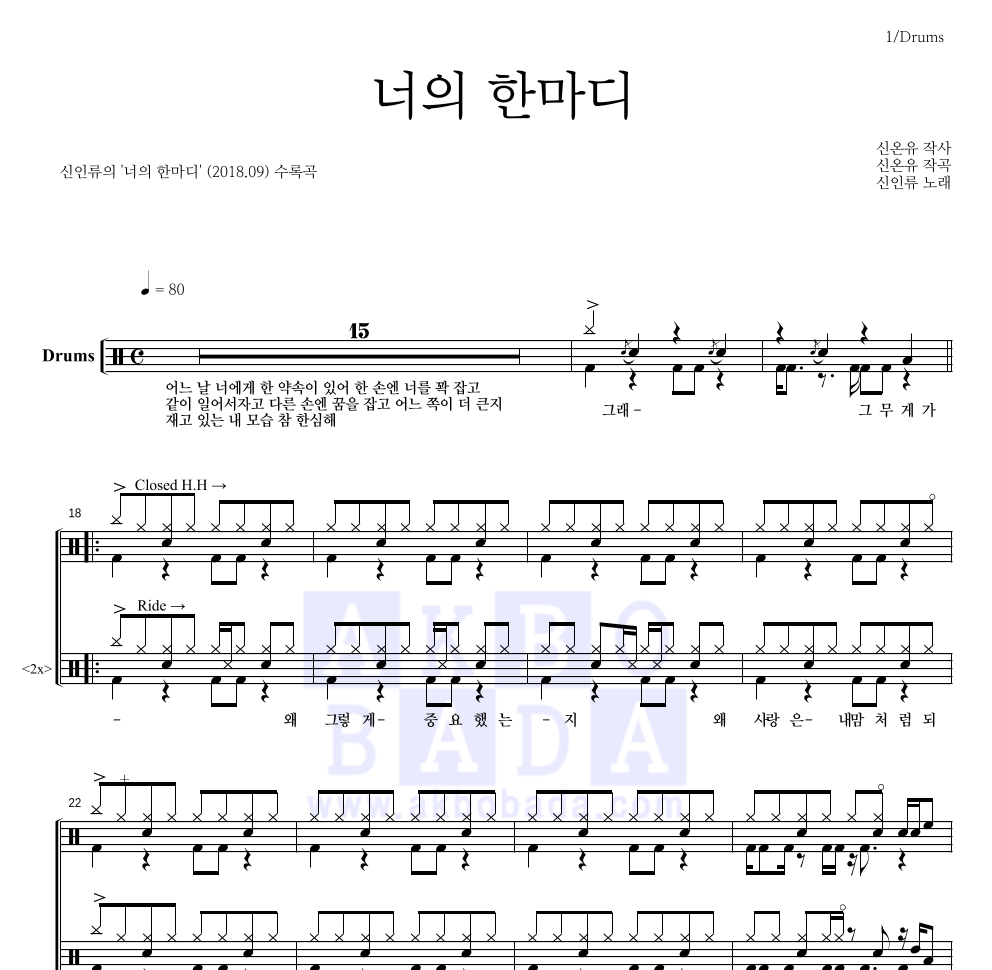 신인류 - 너의 한마디 드럼(Tab) 악보 