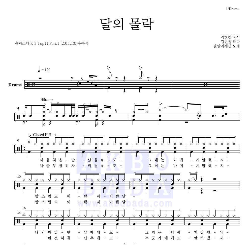 울랄라세션 - 달의 몰락 드럼(Tab) 악보 