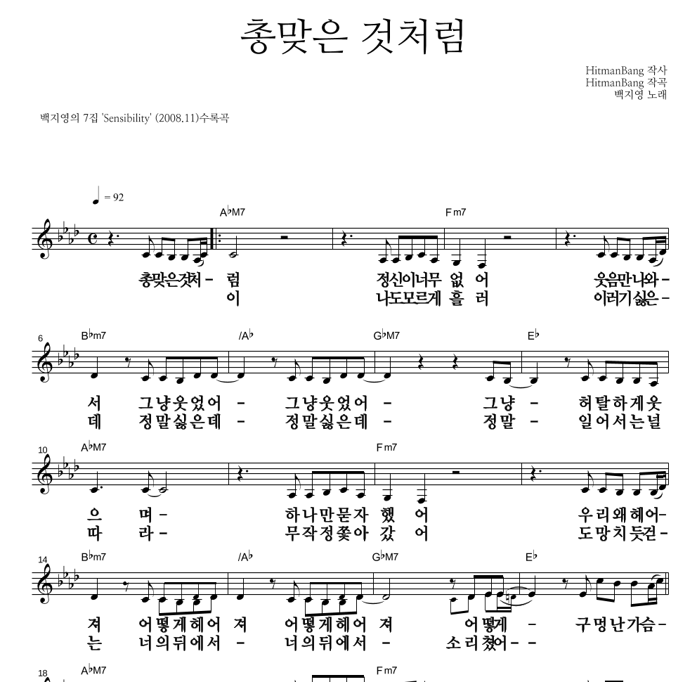 백지영 - 총맞은 것처럼 멜로디 큰가사 악보 