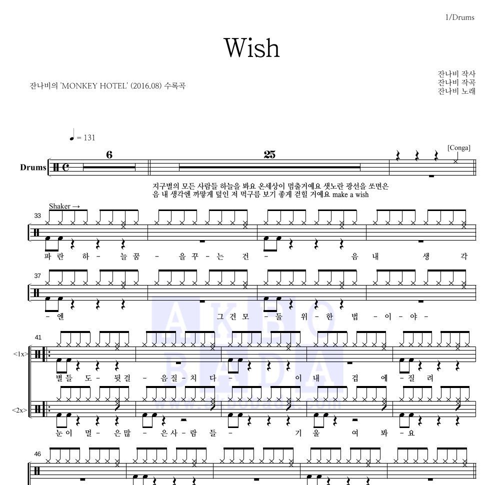 잔나비 - Wish 드럼(Tab) 악보 