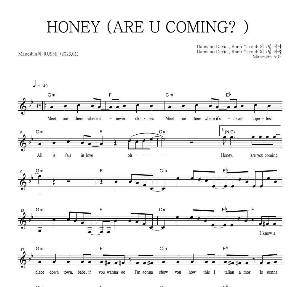 Måneskin - HONEY (ARE U COMING?) 멜로디 악보 