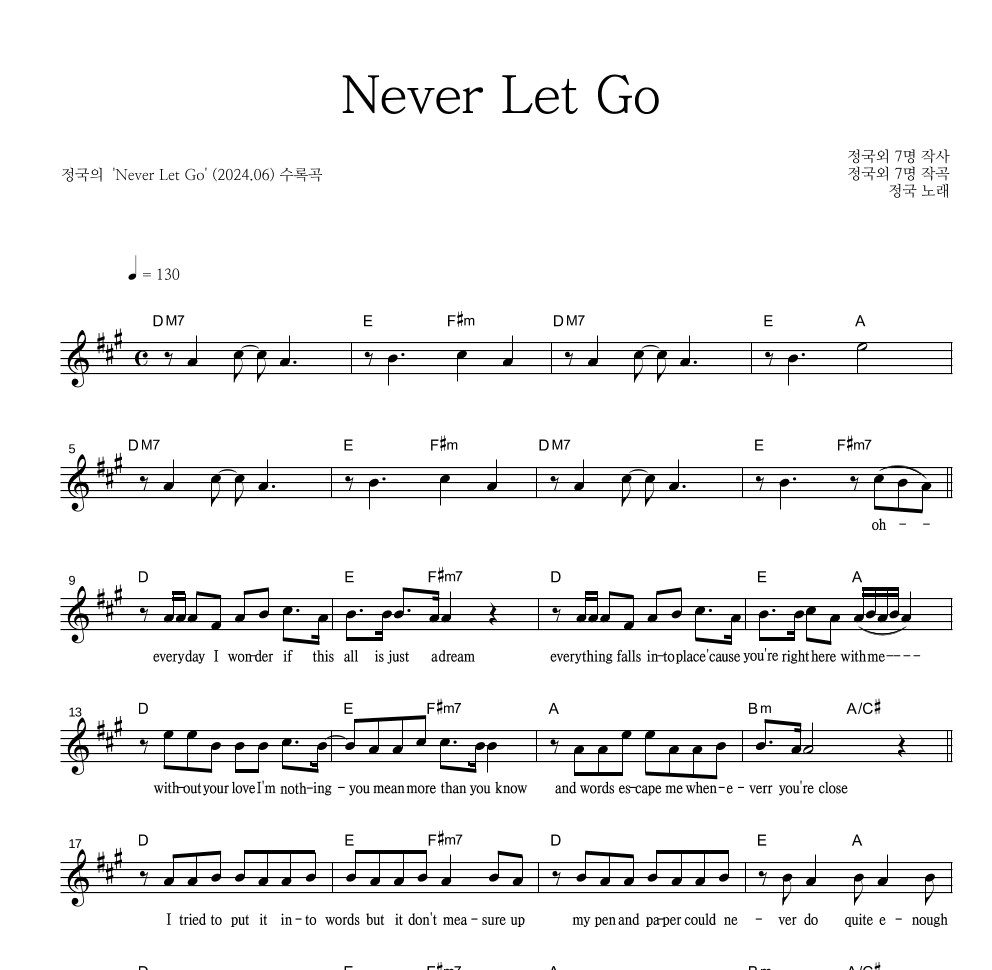 정국 - Never Let Go 멜로디 악보 