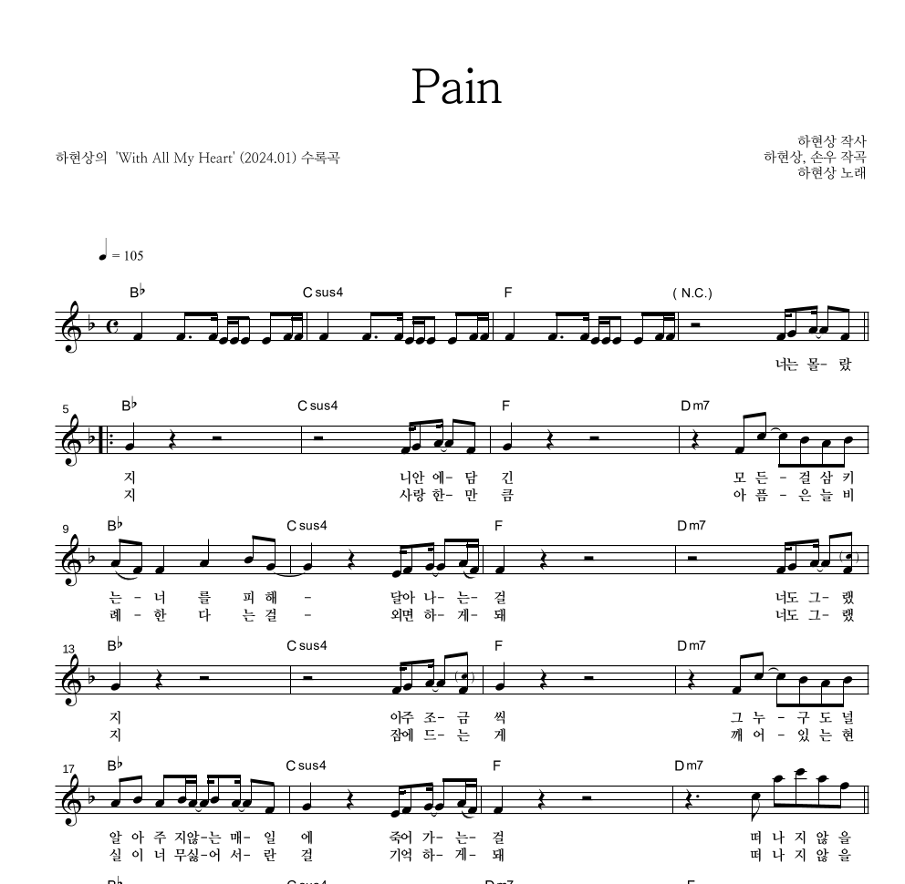 하현상 - Pain 멜로디 악보 