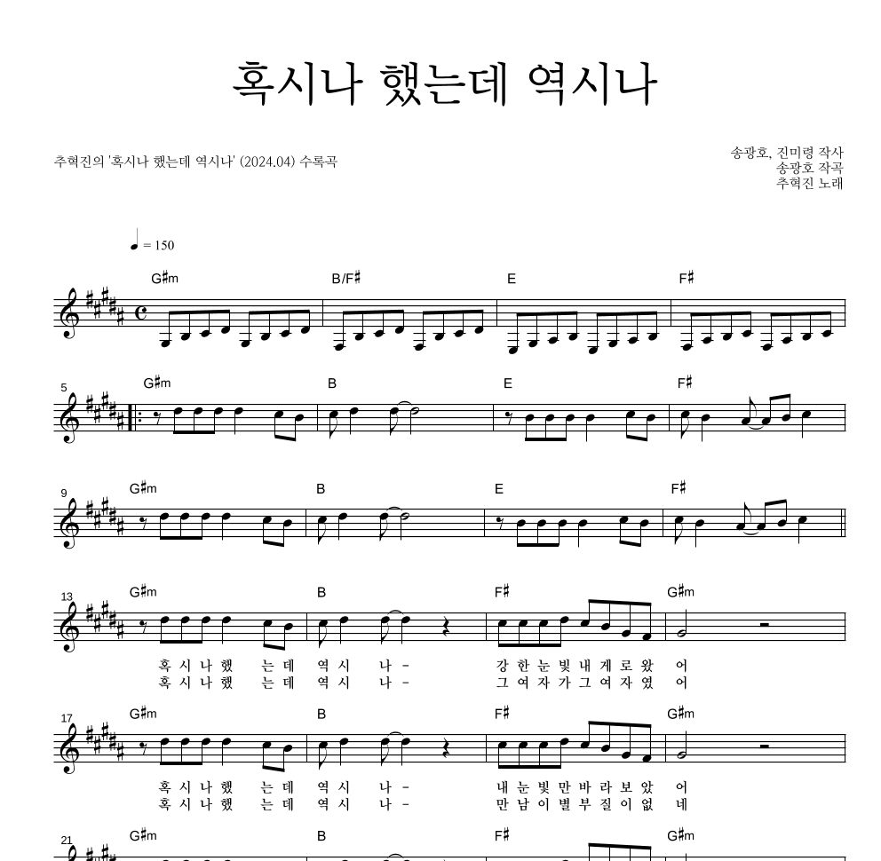 추혁진 - 혹시나 했는데 역시나 멜로디 악보 