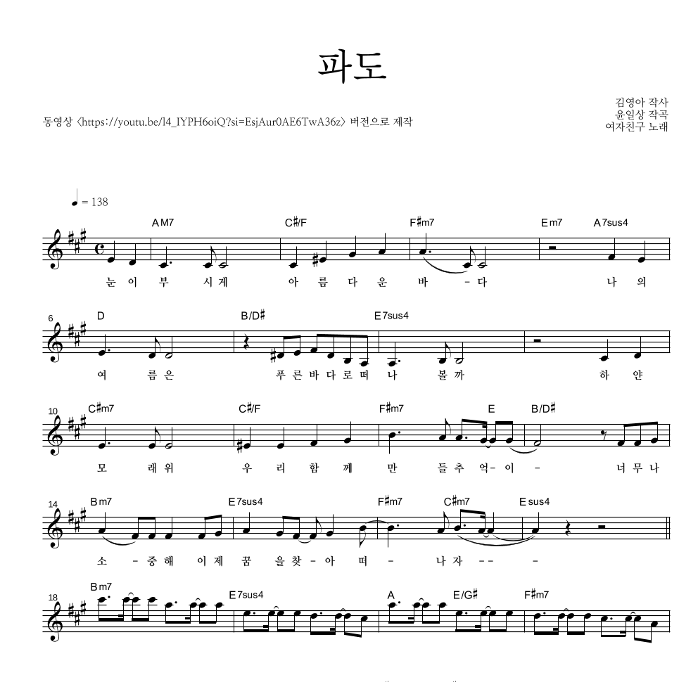 여자친구 - 파도 멜로디 악보 