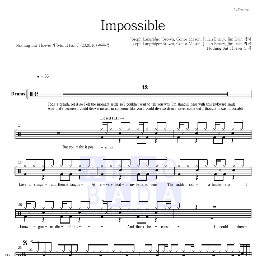 Nothing But Thieves - Impossible 드럼(Tab) 악보 