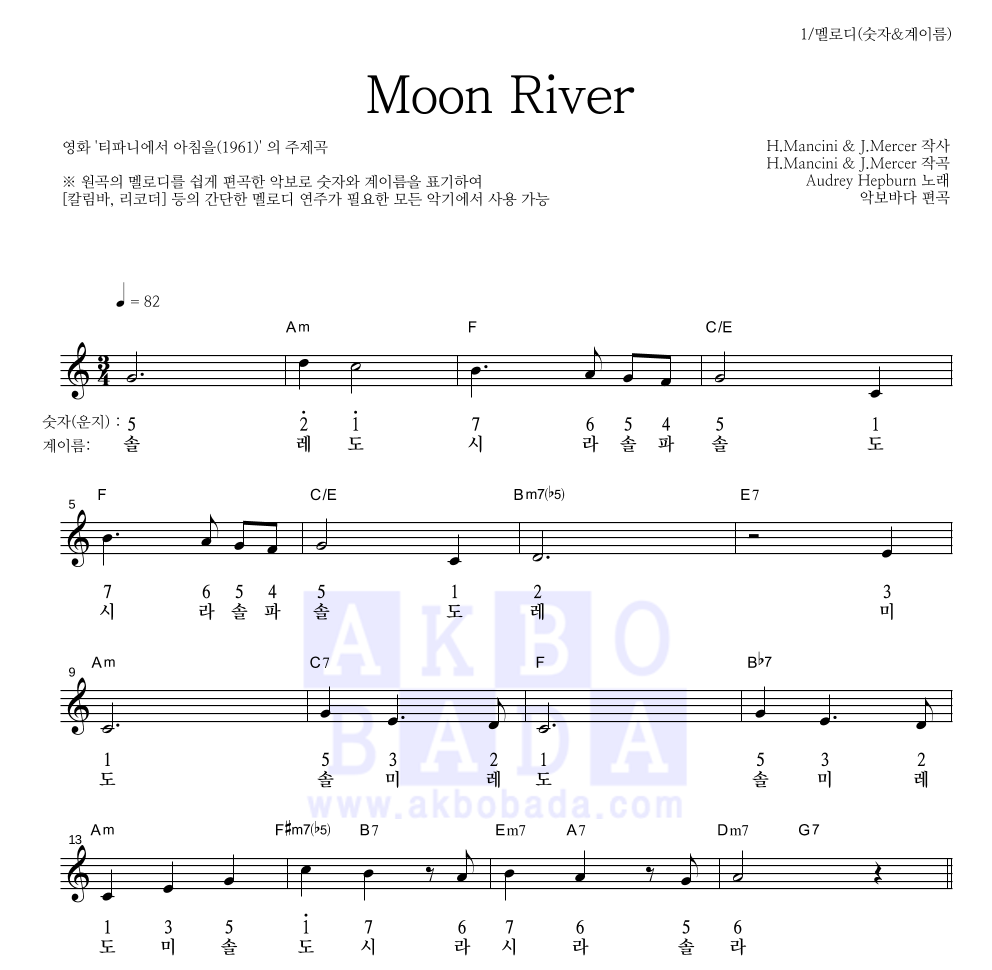 Audrey Hepburn - Moon River 멜로디-숫자&계이름 악보 