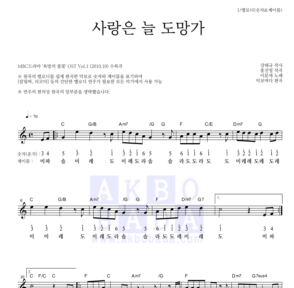 이문세 - 사랑은 늘 도망가 멜로디-숫자&계이름 악보 