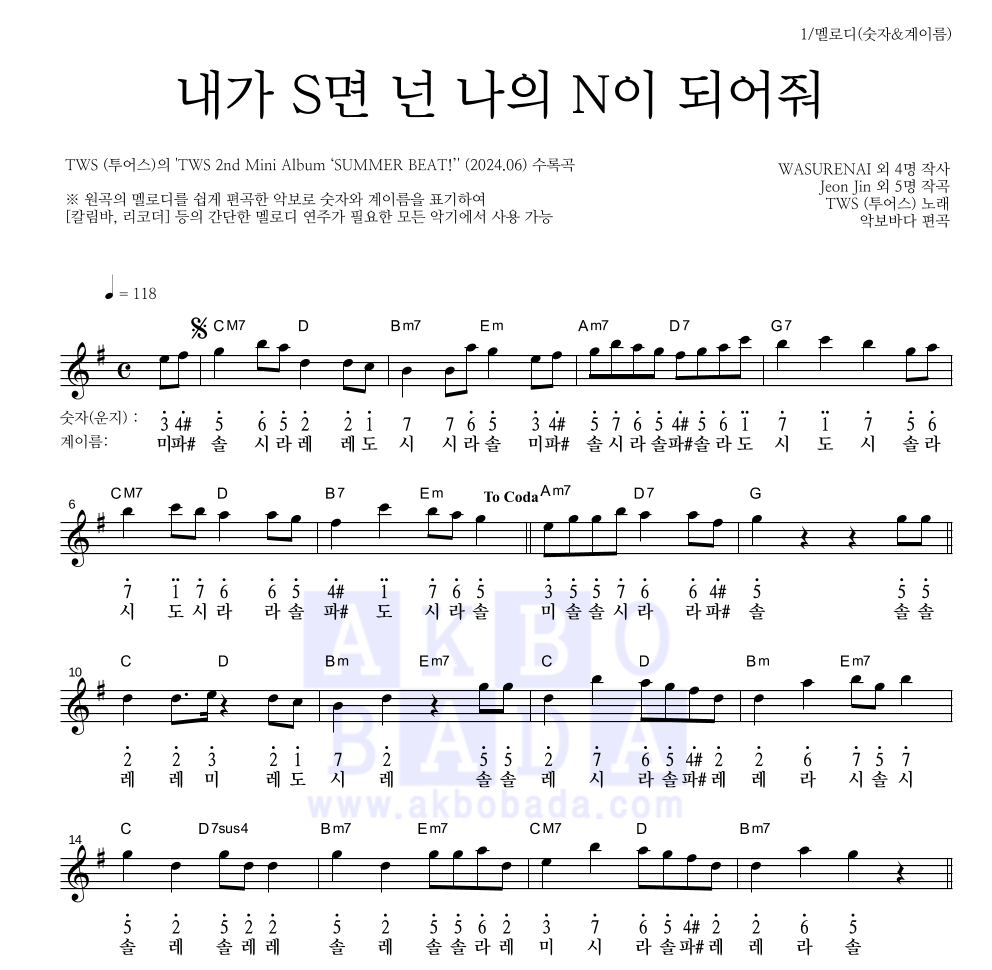 TWS(투어스) - 내가 S면 넌 나의 N이 되어줘 멜로디-숫자&계이름 악보 