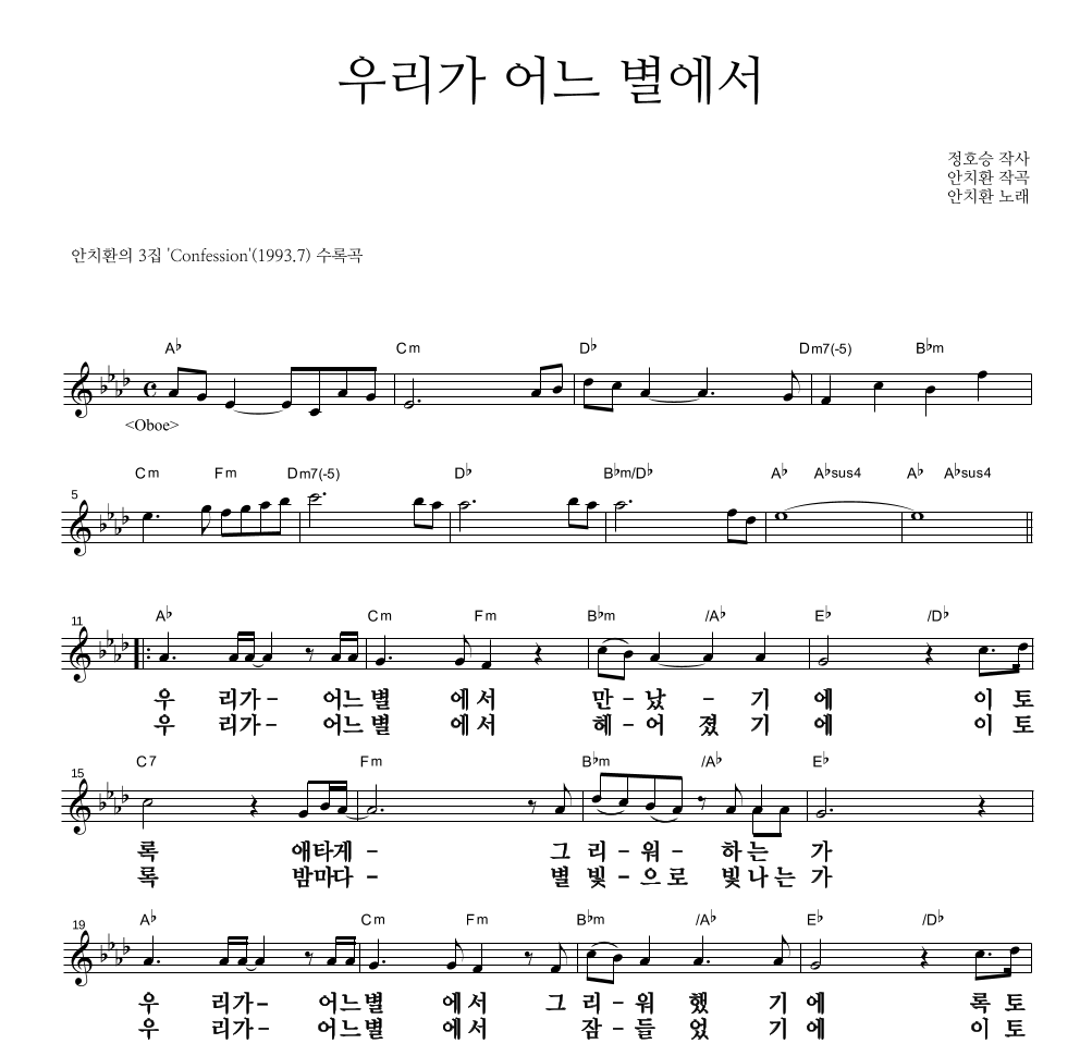 안치환 - 우리가 어느 별에서 멜로디 큰가사 악보 