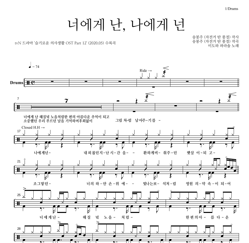 미도와 파라솔 - 너에게 난, 나에게 넌 드럼(Tab) 악보 