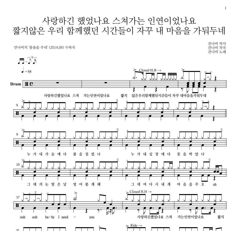 잔나비 - 사랑하긴 했었나요 스쳐가는 인연이었나요 드럼(Tab) 악보 