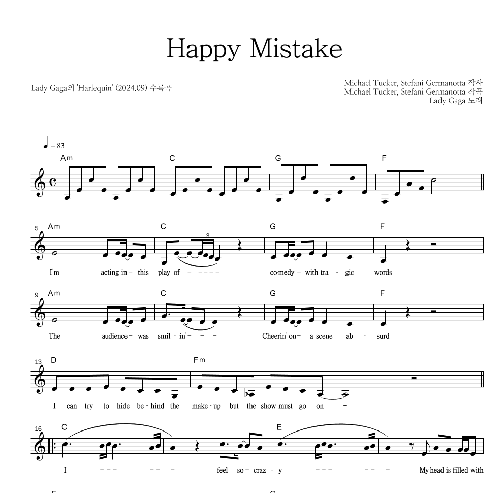 Lady GaGa - Happy Mistake 멜로디 악보 