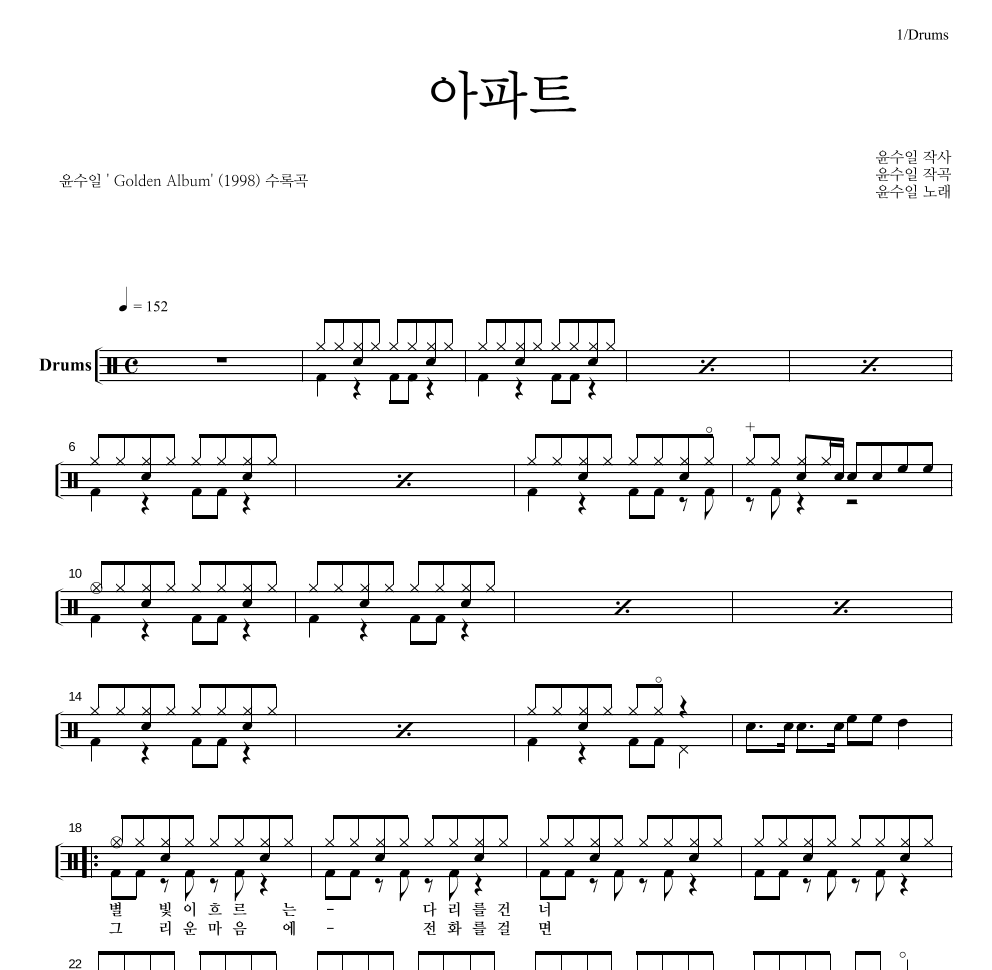 윤수일 - 아파트 드럼(Tab) 악보 