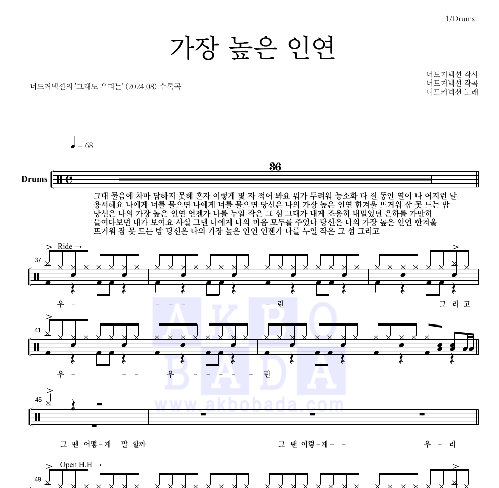 너드커넥션 - 가장 높은 인연 드럼(Tab) 악보 