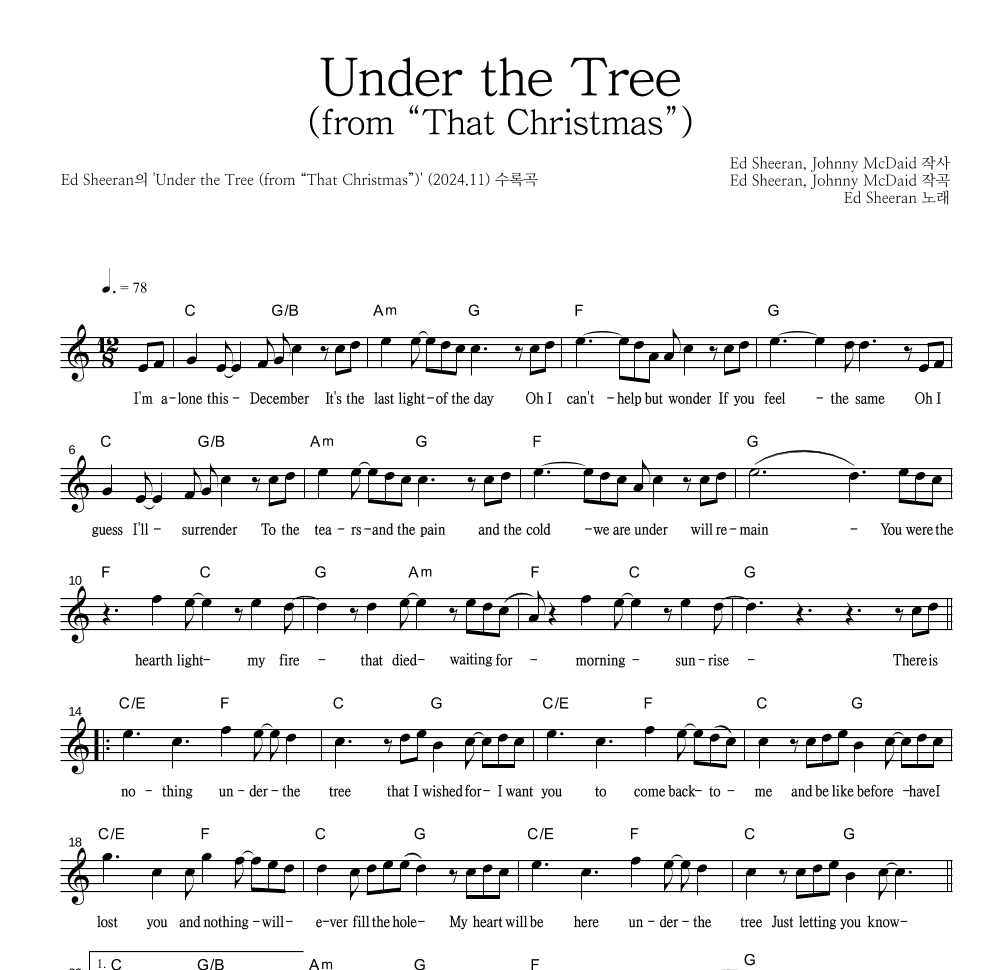 Ed Sheeran - Under the Tree (from “That Christmas”) 멜로디 악보 