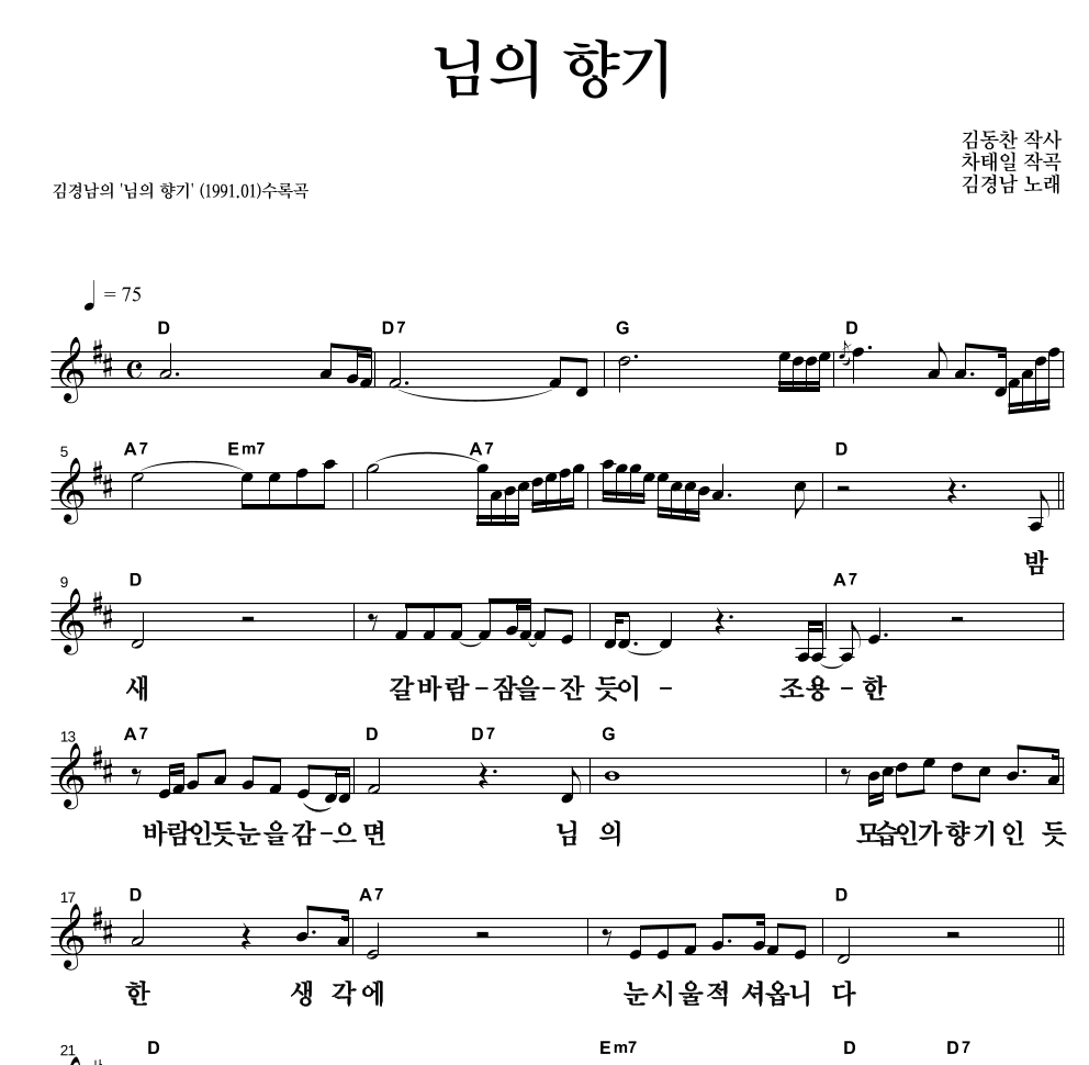 김경남 - 님의 향기 (1994) 멜로디 큰가사 악보 