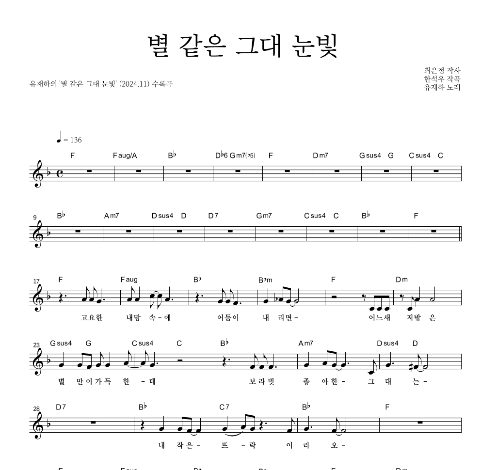 유재하 - 별 같은 그대 눈빛 멜로디 악보 