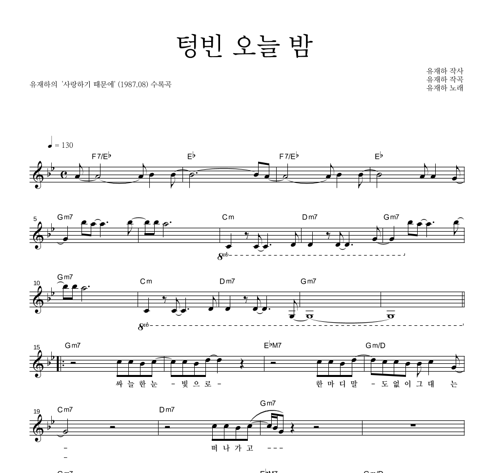 유재하 - 텅빈 오늘 밤 멜로디 악보 