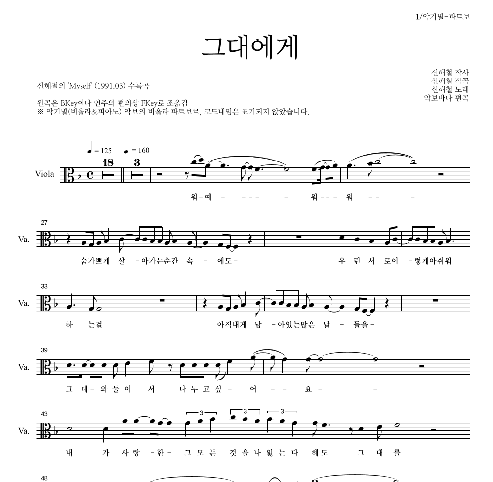 신해철 - 그대에게 비올라 파트보 악보 