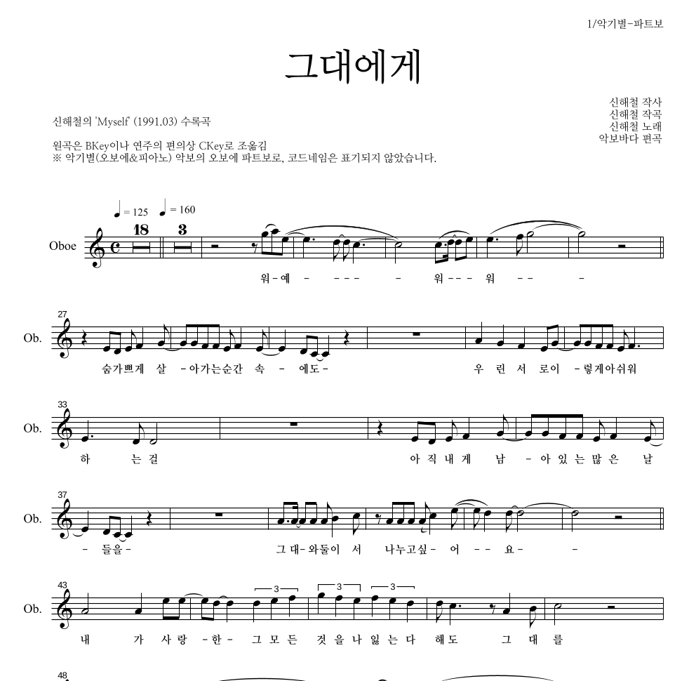 신해철 - 그대에게 오보에 파트보 악보 