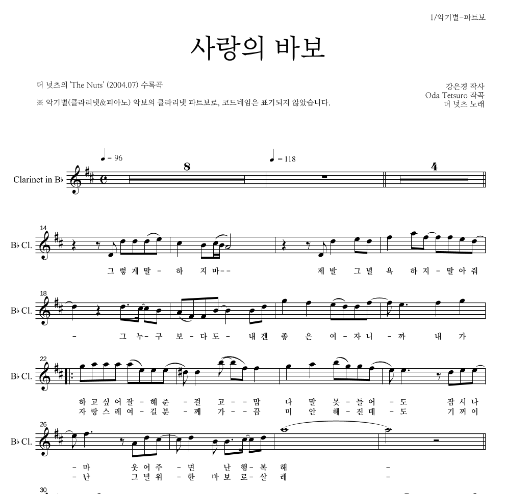 더 넛츠 - 사랑의 바보 클라리넷 파트보 악보 