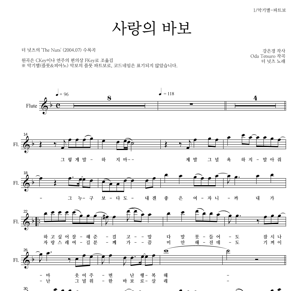 더 넛츠 - 사랑의 바보 플룻 파트보 악보 