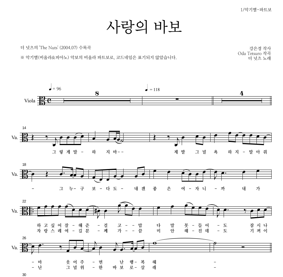 더 넛츠 - 사랑의 바보 비올라 파트보 악보 