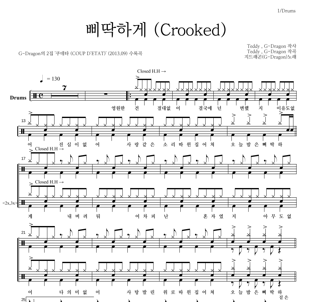 지드래곤 - 삐딱하게 (Crooked) 드럼(Tab) 악보 