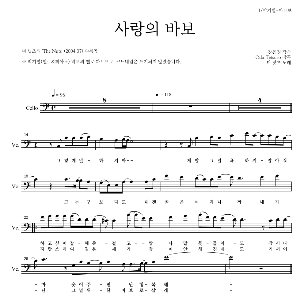 더 넛츠 - 사랑의 바보 첼로 파트보 악보 