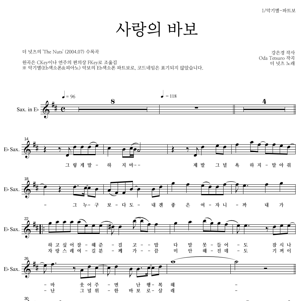 더 넛츠 - 사랑의 바보 Eb색소폰 파트보 악보 