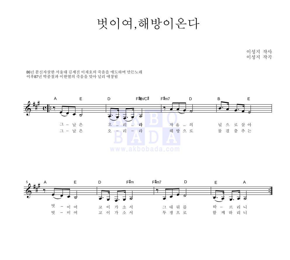 새벽 - 벗이여 해방이 온다 멜로디 악보 