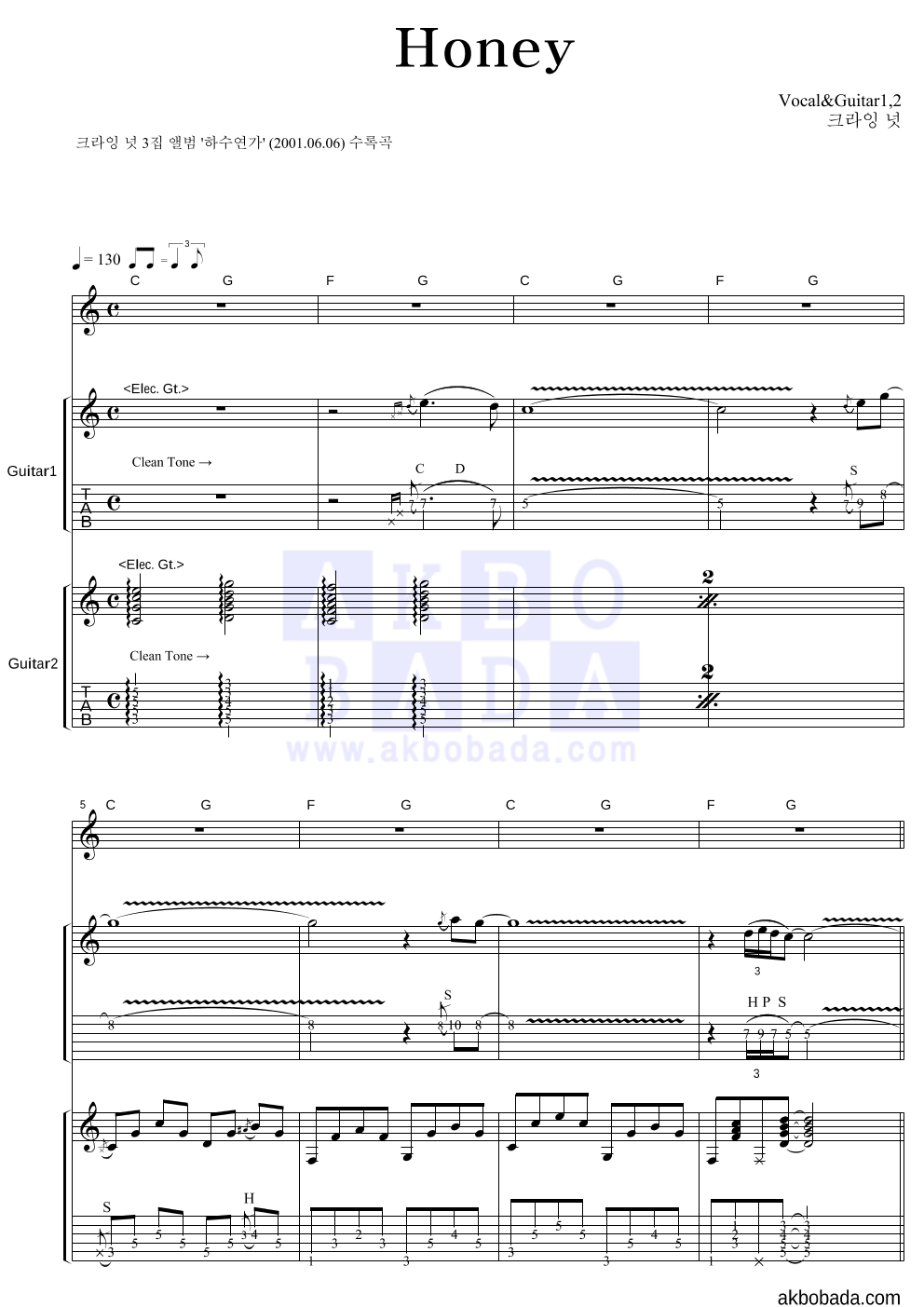 크라잉넛 - Honey 기타1,2 악보 