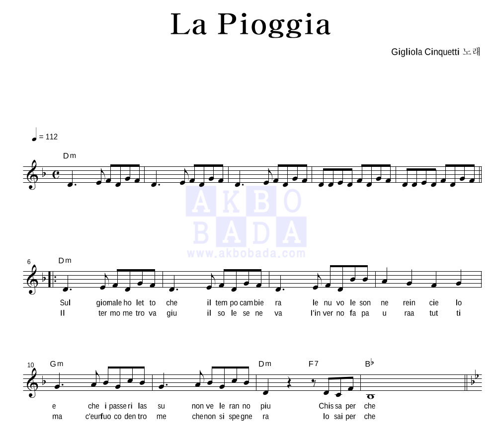 Gigliola Cinquetti - La Pioggia 멜로디 악보 