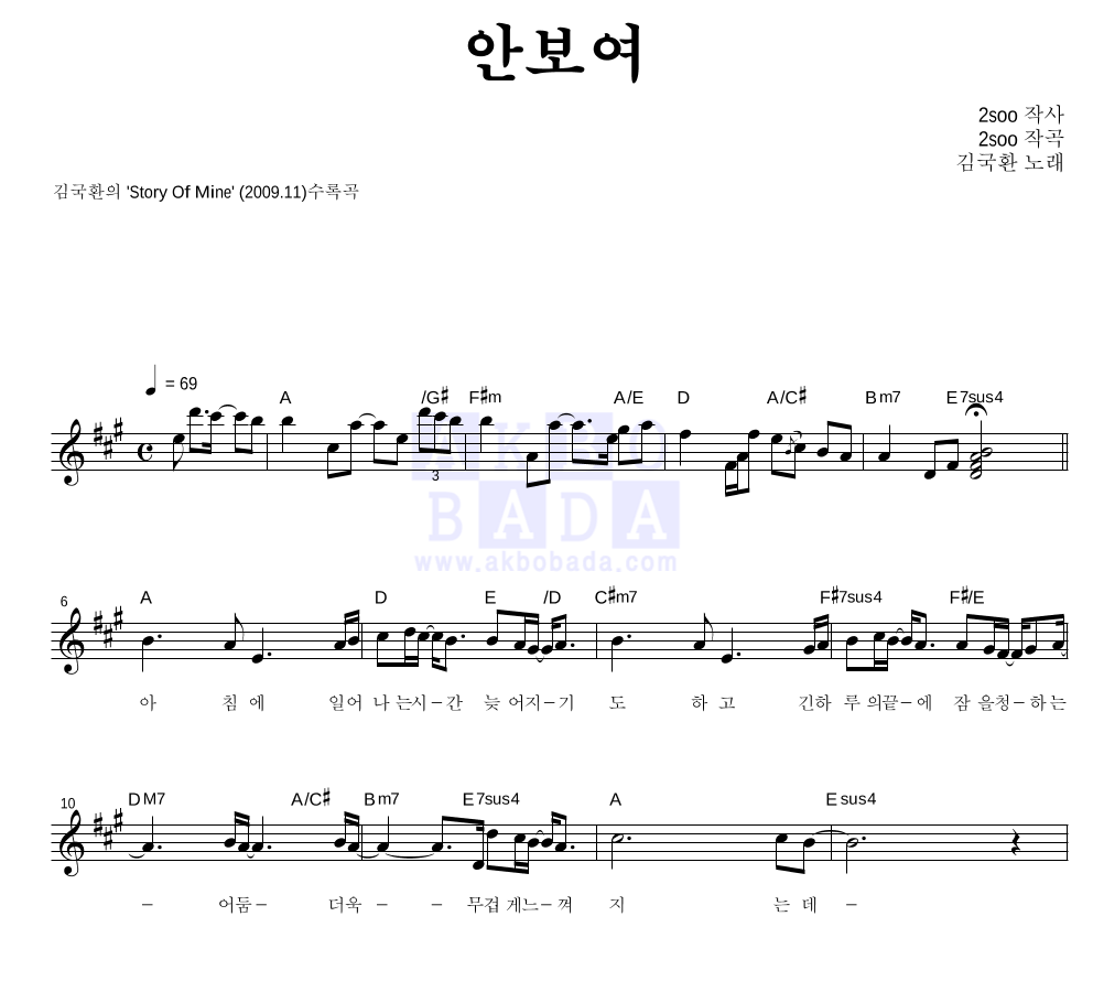 김국환(Kim Kook Hwan) - 안보여 멜로디 악보 