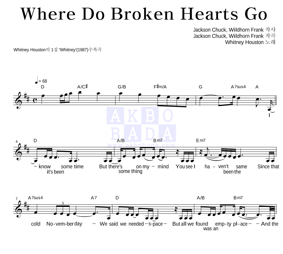 Whitney Houston - Where Do Broken Hearts Go 멜로디 악보 