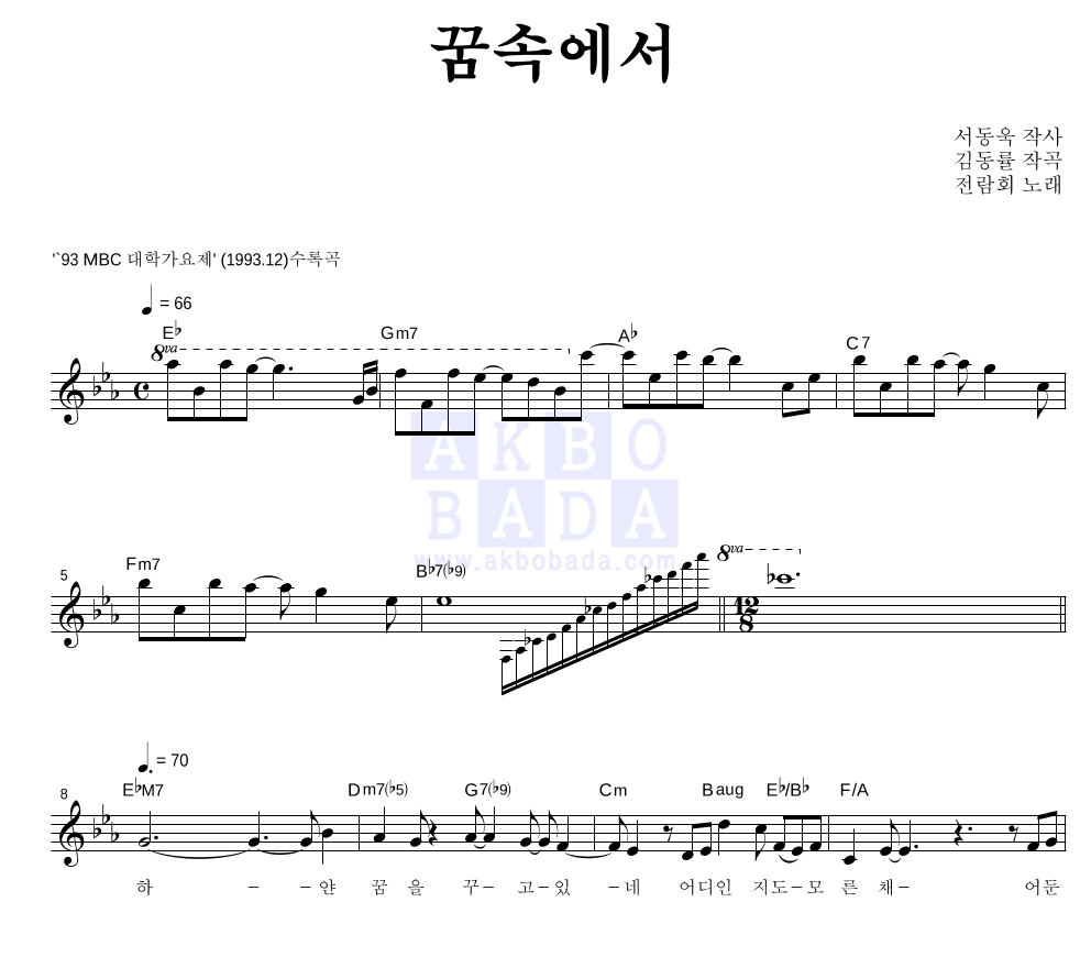 전람회 - 꿈속에서 멜로디 악보 