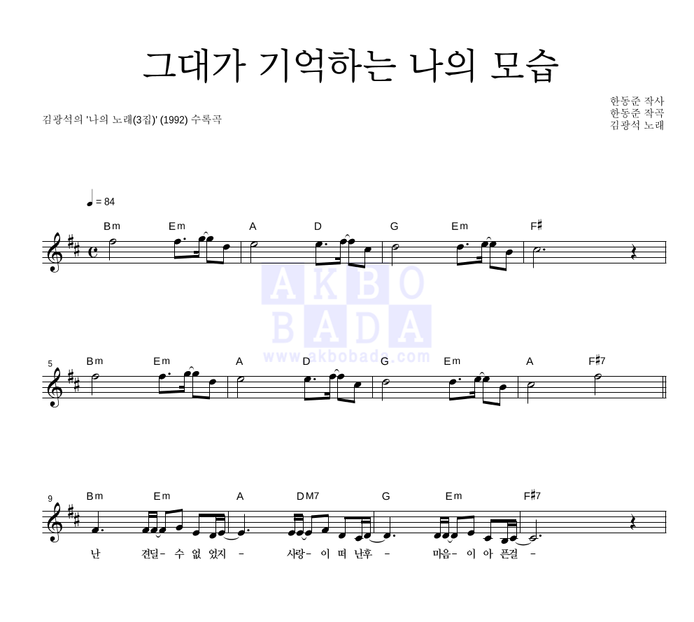 김광석 - 그대가 기억하는 나의 모습 멜로디 악보 