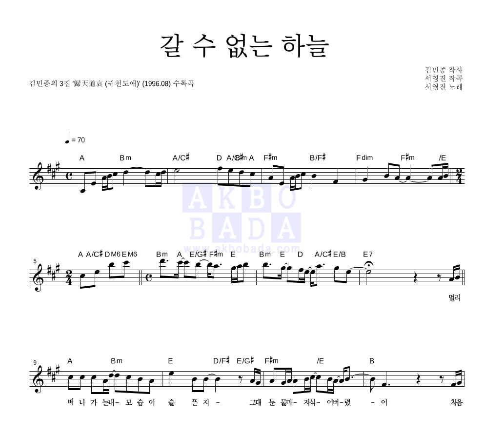 김민종 - 갈 수 없는 하늘 멜로디 악보 