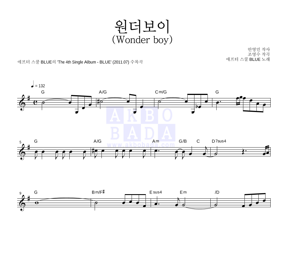 애프터 스쿨 BLUE - 원더보이 (Wonder boy) 멜로디 악보 