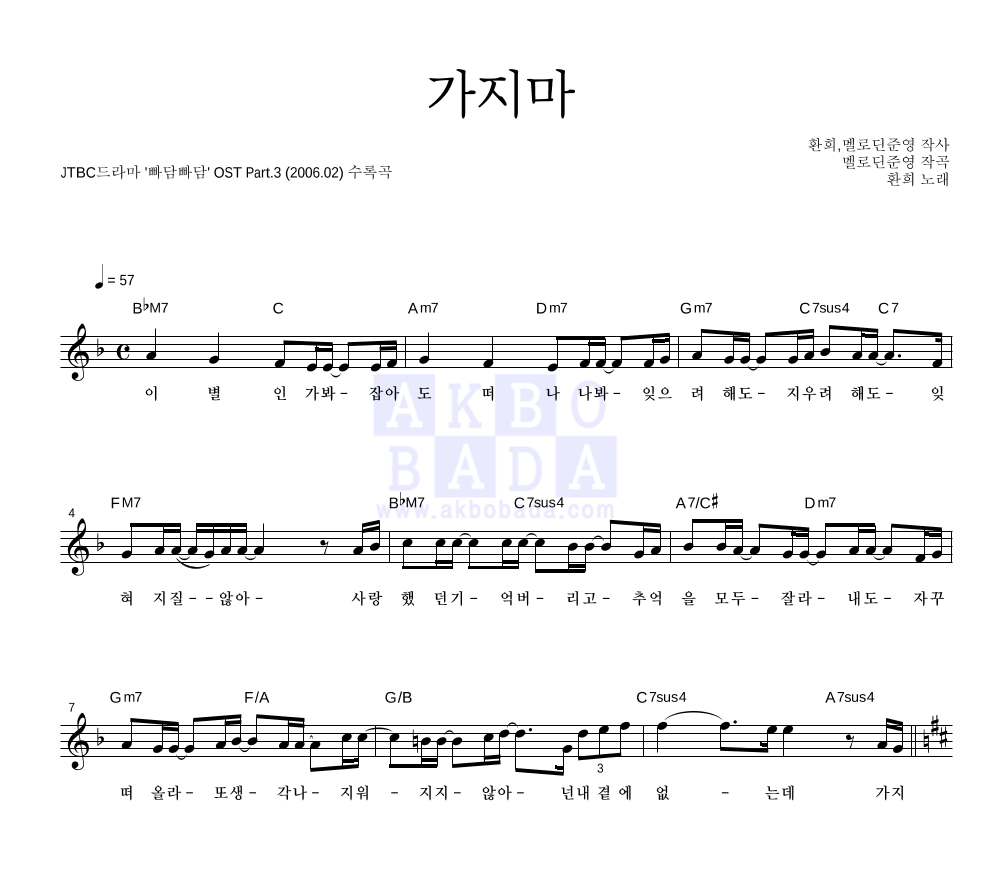 환희 - 가지마 멜로디 악보 