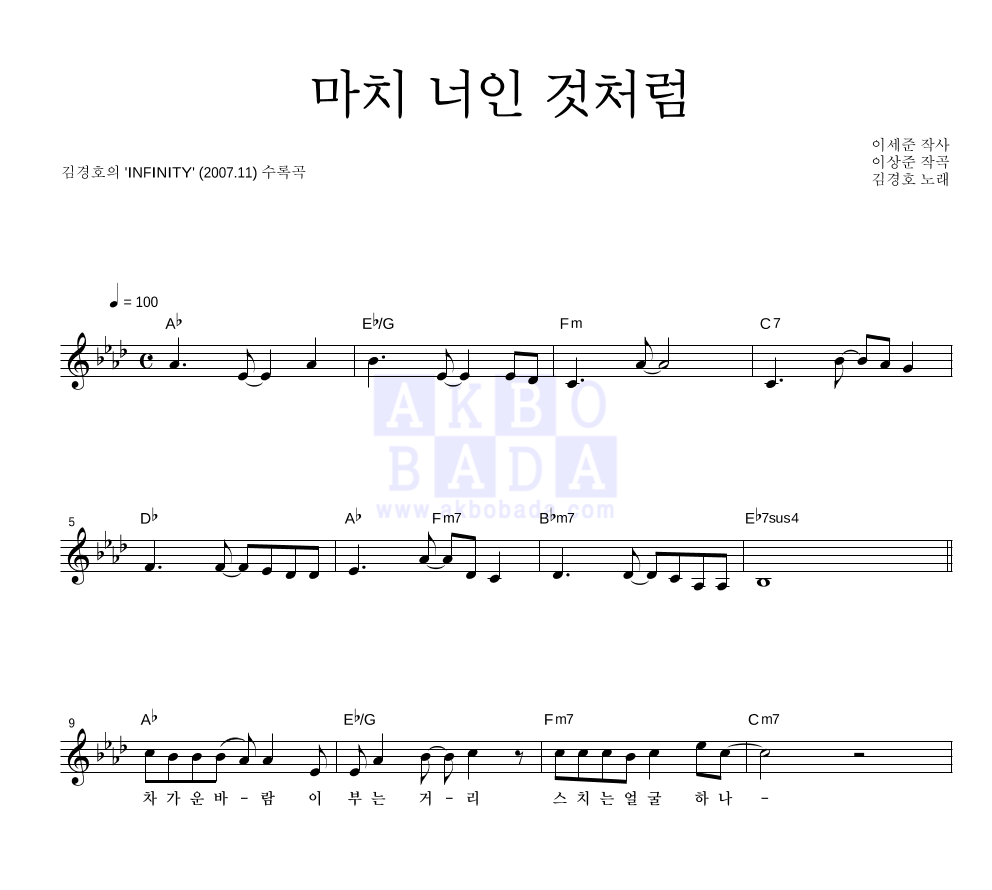 김경호 - 마치 너인 것처럼 멜로디 악보 