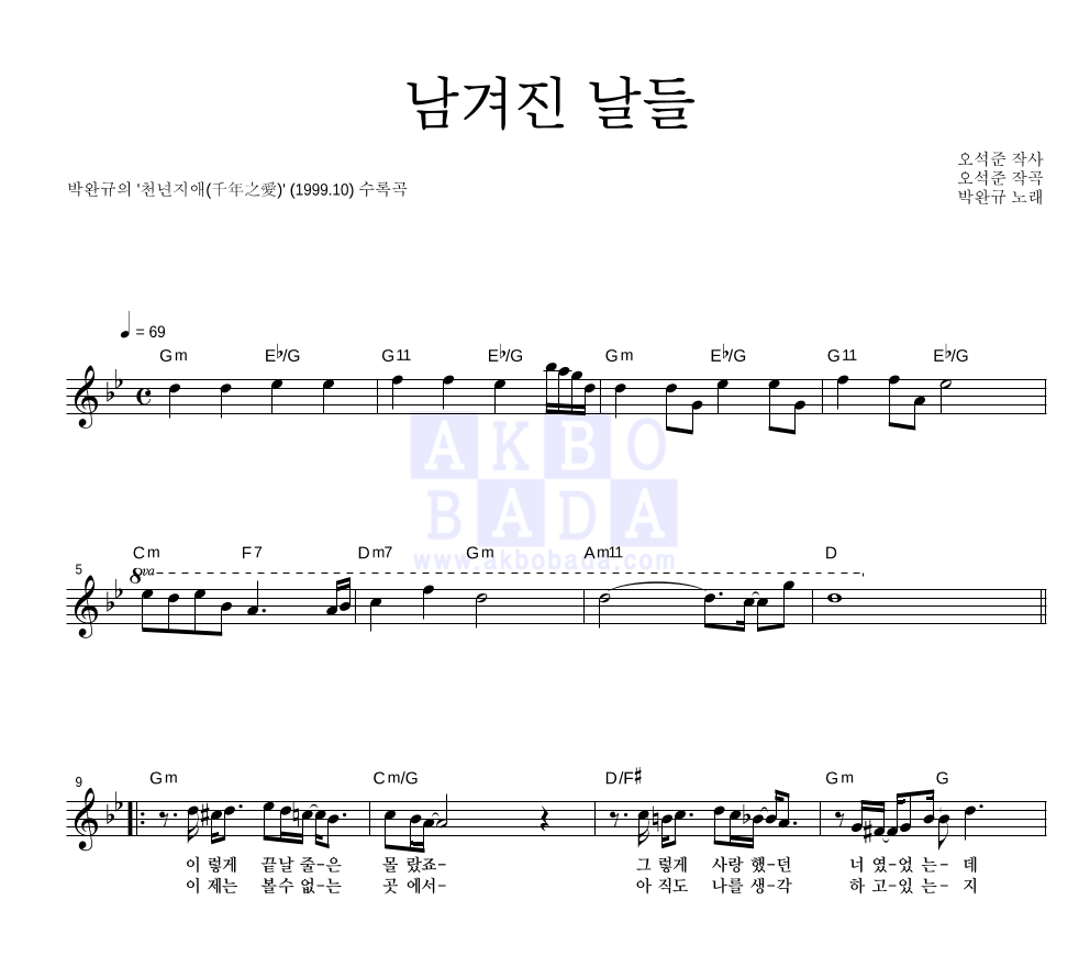 박완규 - 남겨진 날들 멜로디 악보 