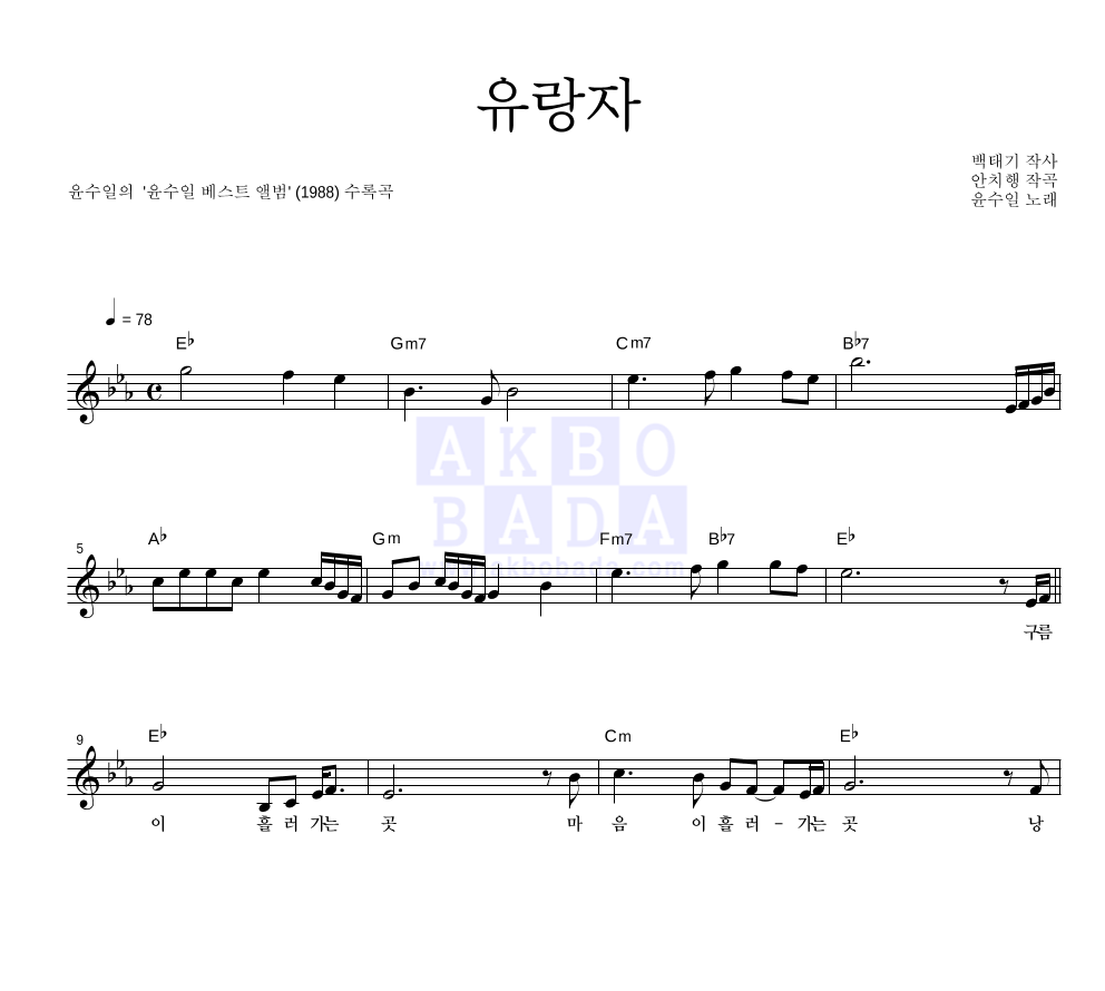 윤수일 - 유랑자 멜로디 악보 