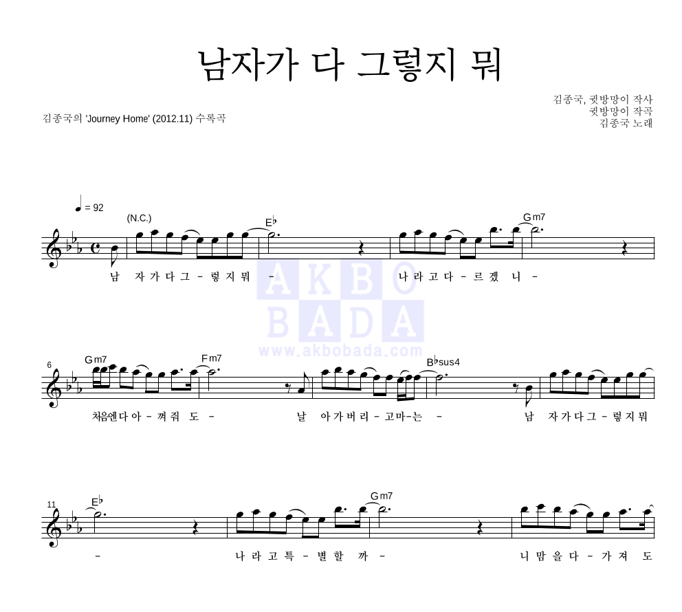 김종국 - 남자가 다 그렇지 뭐 멜로디 악보 